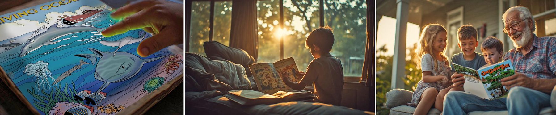 The lasting life of a comic book — a glowing ocean book, a sunrise, and a family reading together